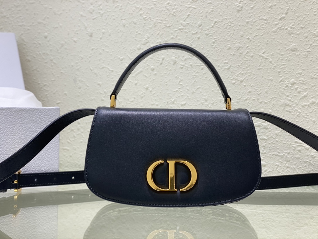 Small 30 Montaigne Avenue Top Handle Bag Blue Dior Oblique Jacquard and Ribbed Calfskin